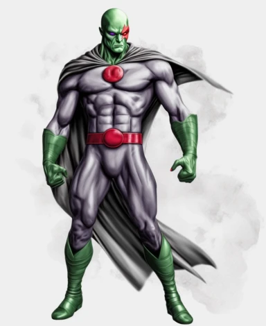 martian manhunter superheroes comic video game character, black & white transparent background png clipart, in the style of tokina opera 50mm f/1.4 ff, light green and red, realistic depictions of human form, dark purple and light green, hyperrealistic compositions, cosmic jester, photo taken with nikon d750