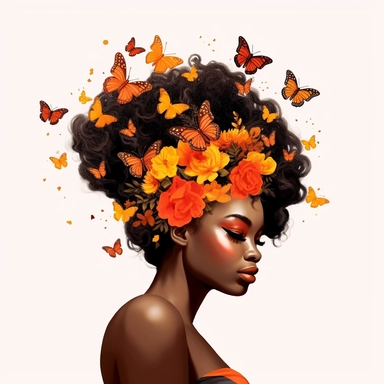 beautiful and chic African woman clipart, Independence Day, Black Girl Magic , Juneteenth Messy Bun Black Queen, with beautiful butterflies, flower, 8k,v5