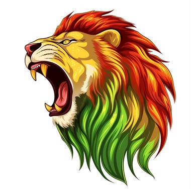 regal lion roaring with full vivacios red yellow and green mane, head shot. detailed, cartoon style, white background, clipart, vibrant , 8k, with studio lighting