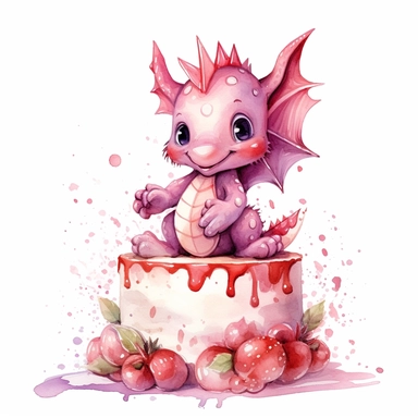 Cute happy Watercolor cake Baby Dragon Clipart, on a white background