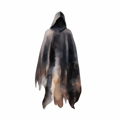 faceless black figure wearing a cloak, watercolor clipart, dark colors, isolated white background, 8k