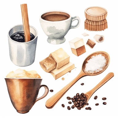 Clip art featuring coffee-related accessories like coffee filters, sugar cubes, coffee stirrers, or coffee beans in a scoop, on a white background.