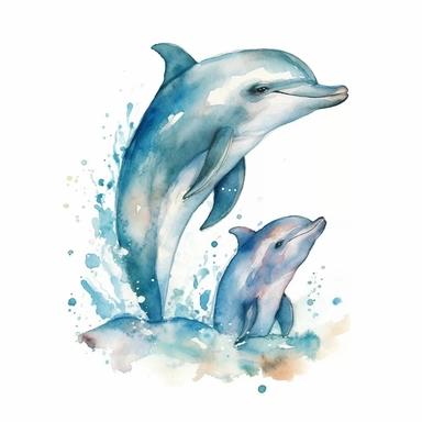 dolphin Mom and Baby Watercolor Clipart Graphic, 4k white background