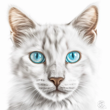 A charming color pencil clipart icon without outline, without signature, cat modeling, a cat is staring directly at the camera, photographically detailed portraitures on a transparent white background, dreamy glowing bright ice blue eyes on a short - haired cat washed in light to accentuate the glossy fur, extremely sharp macro lens focus on cat’s glowing bright ice blue eyes, extremely sharp macro lens focus on cat’s glowing bright pink nose, hyper - detailed professional photo, super detailed 