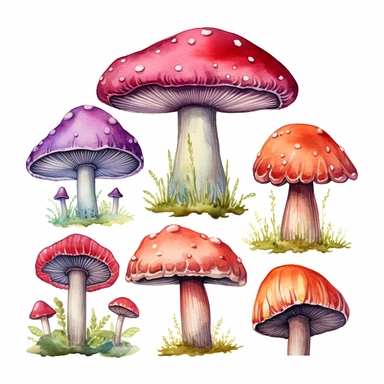 different colors of watercolor mushrooms clipart spaced apart