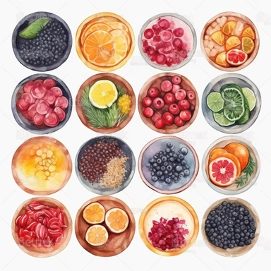 watercolor clipart of a collection of various nutritious healthy bowls, presented in a flatlay style with a top-side view on a clean white background. Each bowl should be filled with a visually appealing arrangement of nutritious ingredients, showcasing their vibrant colors and textures. Ensure that the bowls are not overlapping or interacting with each other, maintaining a clear separation between them. Capture the details of each ingredient with delicate watercolor strokes, emphasizing their f