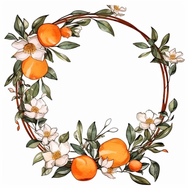 A colorful vector round frame of watercolor orange and flowers clipart in PNG format, with a white background and easy to cut out