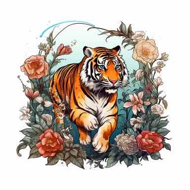 A retro illustration of prowling tiger surrounded with flowers and art nouveau details, professional clipart, beautiful summer color palette, inspired by sailor jerry tattoos, epic composition on white background, 8k,