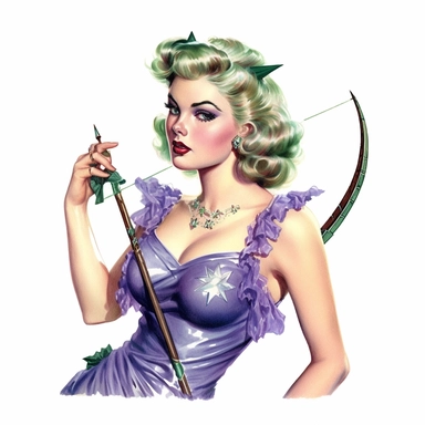 Hand drawn 1950’s pin up woman, dressed like Sagittarius the Archer, very glamorous with jewelry, shades of purple blue and green, half body, very detailed and realistic, watercolor, white background with margins, clipart style