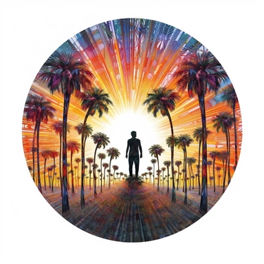 hallusinating grove of palms, psychedelic clipart, small shape of the non binary human in the middle, white background, colorful, galaxies, flying saurcers, sunrise sun shape on the back, no text