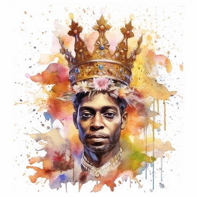 Watercolor floral African American king with a crown, radiating with fire in a pulpit, realism, earth tone colors, png format,Clipart, Sublimation, white background