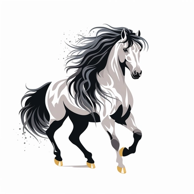 Clip Art, 2d, Flat Vector, SILVER ARABIAN Breed Horse With BLACK Extremely long thick Mane LOGO on White Background, NO TEXT, NO WATERMARK,