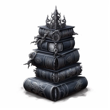 Create an impressive clipart of a clean, dark wizard's book stack on a pure white background. The design should incorporate elements of the gothic and fantasy genres, with dark hues and ornate designs on the books' spines. The lighting should be moody and shadowy, with a focus on the intricate details of the books' covers. The book stack should be perfectly symmetrical to create a sense of order and balance. Use a macro lens to capture the intricate details of the books' designs and play with th