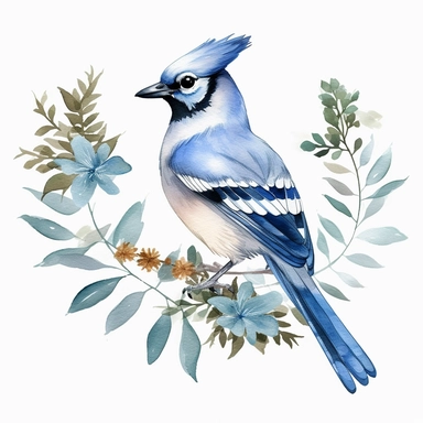Minimalistic foliage clipart, blue jay,single design, watercolor, vector
