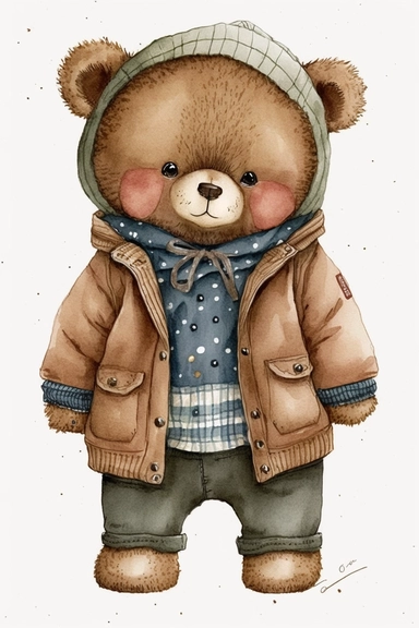 Cute Watercolor Teddy bear boy clipart, wearing clothes, white background