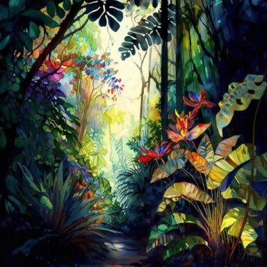 Holographic Rainforest with vibrant flowers. watercolor. clipart style. The natural lighting captures the intricate details and shadows of the jungle, while the adventurous and elegant colors add to the beauty of the scene. This should be from the best view possible, you'll feel as though you're standing in the heart of the rainforest, surrounded by its lush greenery and mesmerizing beauty.
