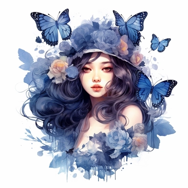 Beautiful clipart of a butterfly girl in flowers, in the style of artgerm, watercolor, animal motifs, Dark blue tones, amedee ozenfant, he jiaying, oshare kei