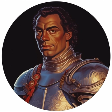 Arthur Sarnoff's character portrait circular tondo depicting a dark-skinned uniformed fantasy knight, Boris Vallejo Mike Allred Josh Kirby, clipart illustration, circular solid background circular border