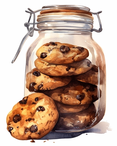 detailed watercolor of pile of chocolate chip cookies on a glass jar, realistic, isolated on white background, clipart