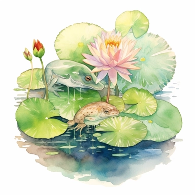 Watercolor Lily Pond Clipart, lily pad and frog pond, CLIPART, fish and birds