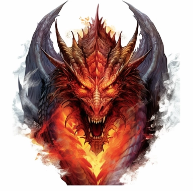 Create a stunning clipart of an enormous dragon majestically crowned with brilliant flames. The dragon should be drawn in a realistic style, with careful attention to detail, capturing the intricacies of its scales and its piercing gaze. The flames should be fierce and dramatic, giving the dragon a formidable presence. To add a touch of artistic flair, create the drawing in a gorgeous watercolor style against a plain, high contrasted background, giving the dragon an ethereal and mystical quality