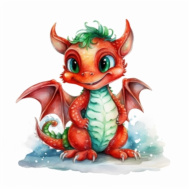 Clipart on White Backgraund Traditional laughing cute red baby dragon big green eyes without horns in green forest Water color