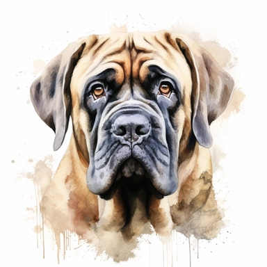 A majestic portrait of an English Mastiff, capturing its powerful and regal presence, with a focus on the expressive eyes and distinctive facial features, with a white background and watercolor clipart.