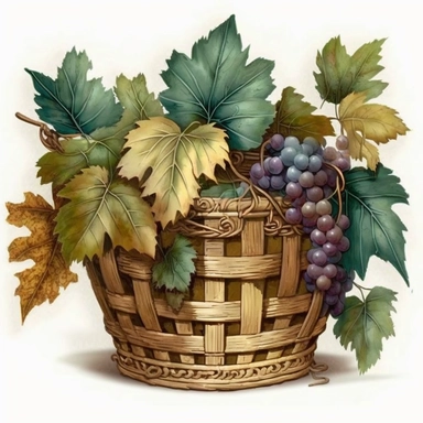 an ultra realistic hellenistic basket full of grapes and vine leaves with watercolor effect,ultra realistic,ancient greece vibe,white background,suitable for digital clipart,hellenistic scene,ancient greece,vibrantly colors,greek columns