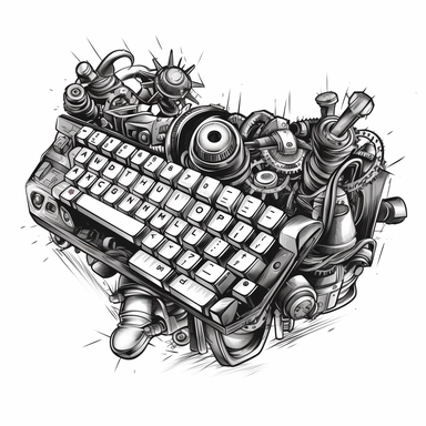 image of a custom mechanical computer keyboard, black and white, logo, clipart, cartoon style