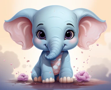 a kawaii cartoon elephant with big ears clipart, in the style of light indigo and light azure, subtle use of color, light pink and light orange, use of traditional japanese artistic techniques, bold colors, strong lines, clean and simple designs, precise detailing