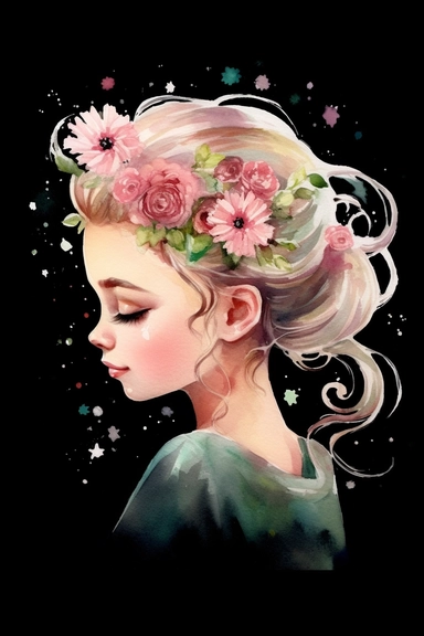a cute cartoon pretty young Girl with a high white and pink ligth colored bun and roses sparkling around her profile, long curly hair with mini flowers in head, portrait, daydreaming expression in watercolor form, sarah kay and holly hobbies, clipart, watercolor, smiling, on a blackbackground, daydreaming expression in watercolor form