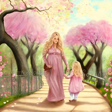 beautiful young pregnant mother with long beautiful blonde hair, toddler daughter with long beautiful hair holding hands walking in park, flowering trees, path lined with benches, highly detailed, realistic, fantasy, ethereal, soft colors, sharp focus, clipart style, fix dress