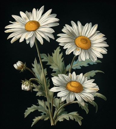 DESIGN A MAGNIFICENT AND EXQUISITE BREATHTAKING ONE-OF-A-KIND HIGH QUALITY HIGHLY DETAILED MASTERPIECE WATERCOLOR CLIPART ILLUSTRATION OF three white daisies with long white spikes and some green, in the style of victorian-inspired illustrations, lovely, naturecore, animated gifs, chalk, porcelain, light gold and sky-blue