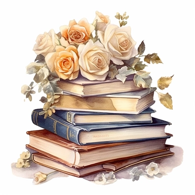 watercolor, white background, clipart, watercolor, white background, ultra-realistic and hyper-detailed clipart beautiful stack of books surrounded by white roses, white and rich gold hues