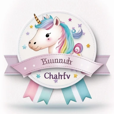 personalised name plate ribbon for text, a large unicorn chibi face, birthday invite, pastel clipart, Watercolour, pure white background