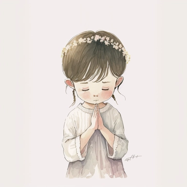 illustration of praying boy with dark hair, clipart, watercolor, white background, simple, soft colors, boho, minimalism