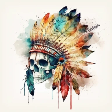 Hand Drawn Color Native American Indian Headdress With Human Skull Watercolor clipart