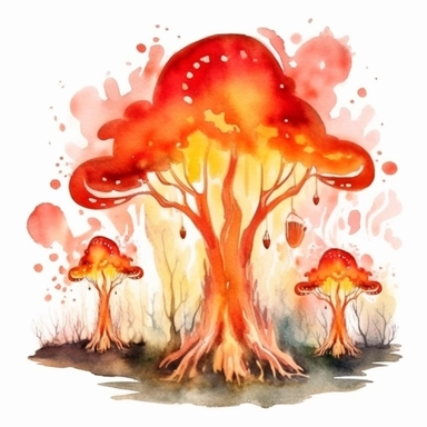watercolor cute fire fairy mystical forest with ancient trees, flame around, detailed, hd, clipart