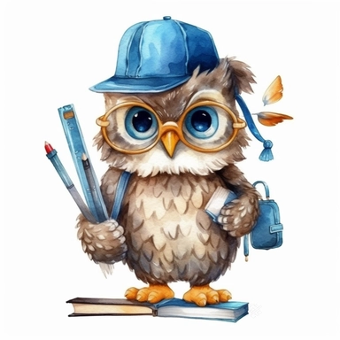 A cute adorable Owl go to school, clipart, wearing a backpack and a hat, Watercolor clipart in the style of nursery art children book character, hand drawn, single object, png transparent, white background for removing background - - no text shadow font watermark