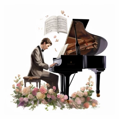 beauty man playing elegant piano, flower and a music book digital clipart on white background