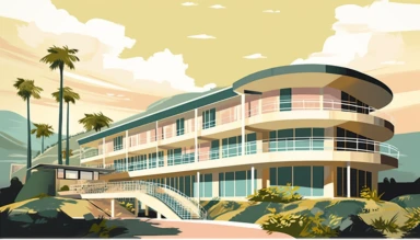 clipart illustration of Retro Bevely Hills Hotel 1960’s style with soft palette