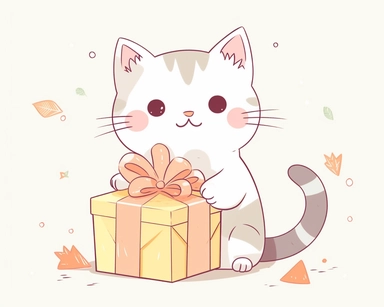 Birthday cat, presents, single cat, cute, clipart, kawaii, kitten, Japanese, exited, white background