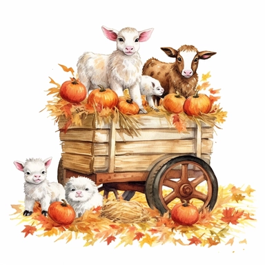 baby farm animals on a hay wagon full of rectangular bales of hay on an autumn day, autumn colors on a white background, clipart, vintage style--q2--s1000
