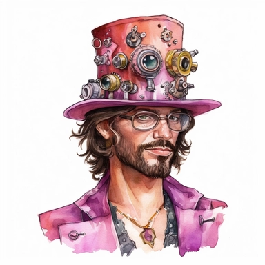 high quality watercolor clipart of a beautiful realistic man with a pink steampunk hat and glasses, white background, seperated, vector design, hd