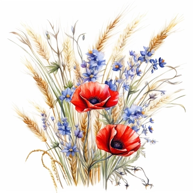 red poppies with cornflowers and wheat stalks, herbarium style, blurred artistic watercolor painting style, dreamy, soft, line drawing, very detailed, clipart, white background