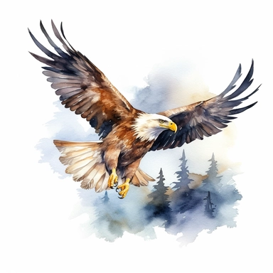 Cute Beautiful Eagle Flying square Background Watercolor Clipart,Cartoon, hyper realistic, intricate detail, illustration style,high solution,on the white background