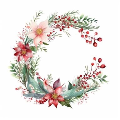 Christmas circle flower Christmas watercolor composition with twigs on a white background. wreath, frame, and border. Greeting card, poster, or banner with space for text CUTE STICKER Frealistic cartoon in 32K UHD cute. 15 cm thick outline. Black color. There was no shadow on the ground. 8K with realistic watercolors and detailed illustrations. PNG clipart, transparent white background