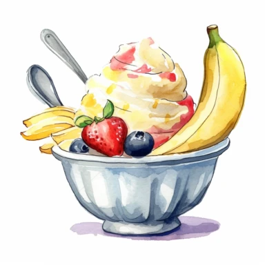 One banana ice cream bowl Watercolor Clipart On a white background , detailed background elements, playful and colorful depictions , no watermark, text, words, paintbrush, typography, the images do not stick together On a white background , in the style of jane newland, detailed background elements, playful and colorful depictions , no watermark, text, words, paintbrush, typography, the images do not stick together,