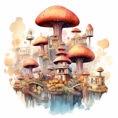 mushroom city in the clouds at sunset. white background. clipart. watercolour