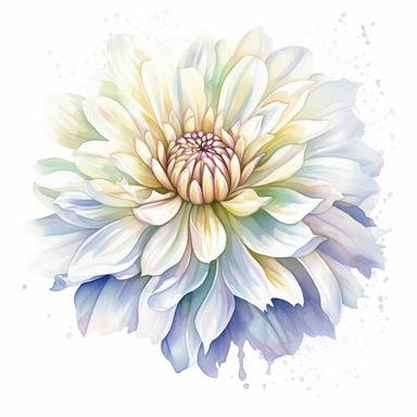 Watercolor snow clean white dahlia clipart on a white background in the style of feminine sticker art, Tanya Shatseva, storybook illustration, pure and pristine shades, Georgia O'Keeffe, flower and nature motifs, colored line art, colored outlines, cottagecore design, watercolor on white background, ombre, warm tones, colored line art, colored outlines, iridescent ombre, gradient shading, winter snow tone, vibrant digital art oil paint photorealism, an illustration of a colored flower, meticulou